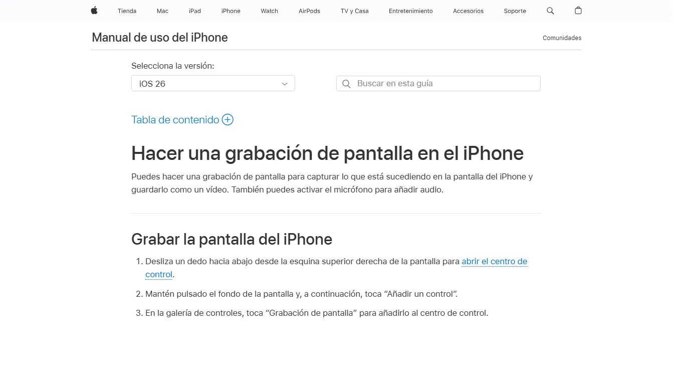 Guía de Apple para hacer una grabación de pantalla en iPhone