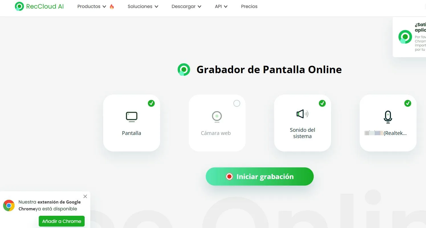 Página en español de RecCloud Online Screen Recorder