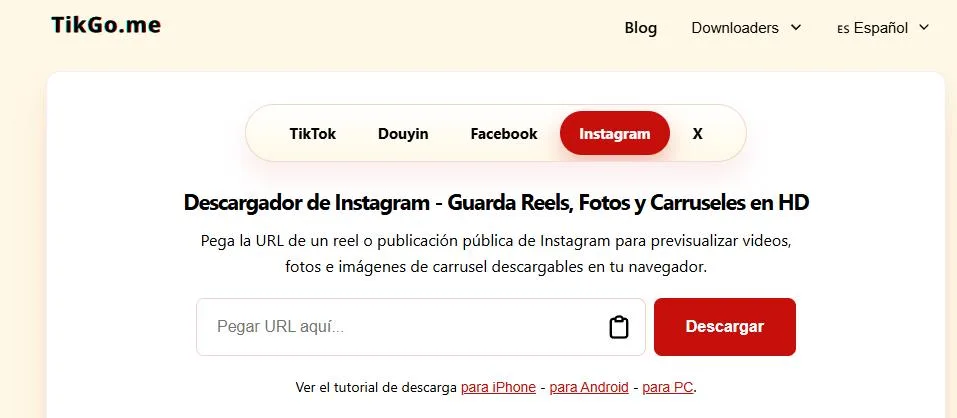 Página de TikGo en español para descargar videos de Instagram