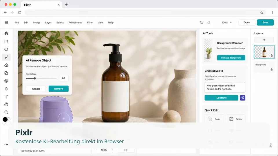 Pixlr mit KI-Bildbearbeitung im Browser