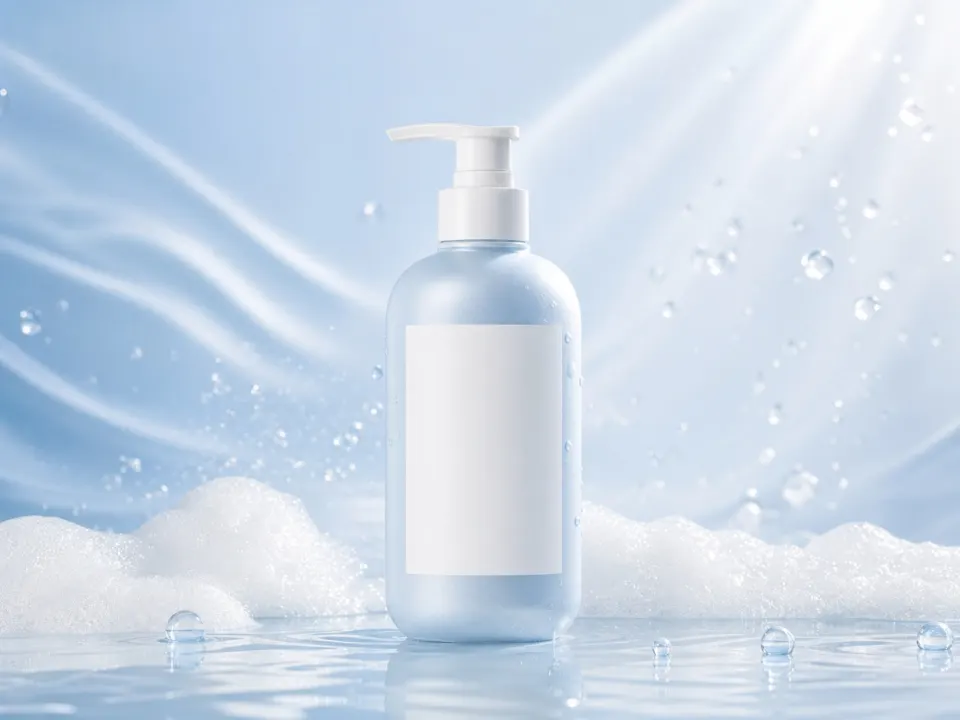 Expanded product photo of a blue pump bottle with more water-themed background