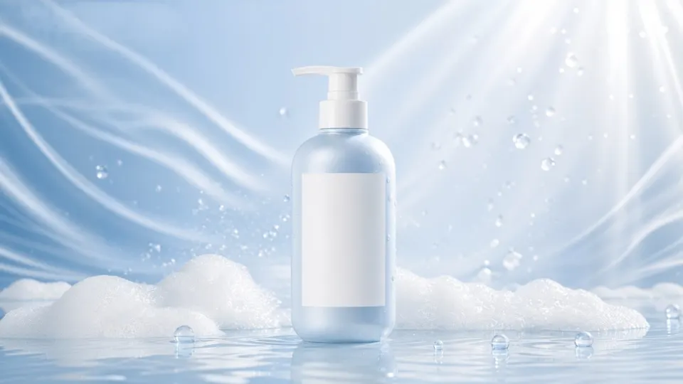 Original product photo of a blue pump bottle in a water-themed scene