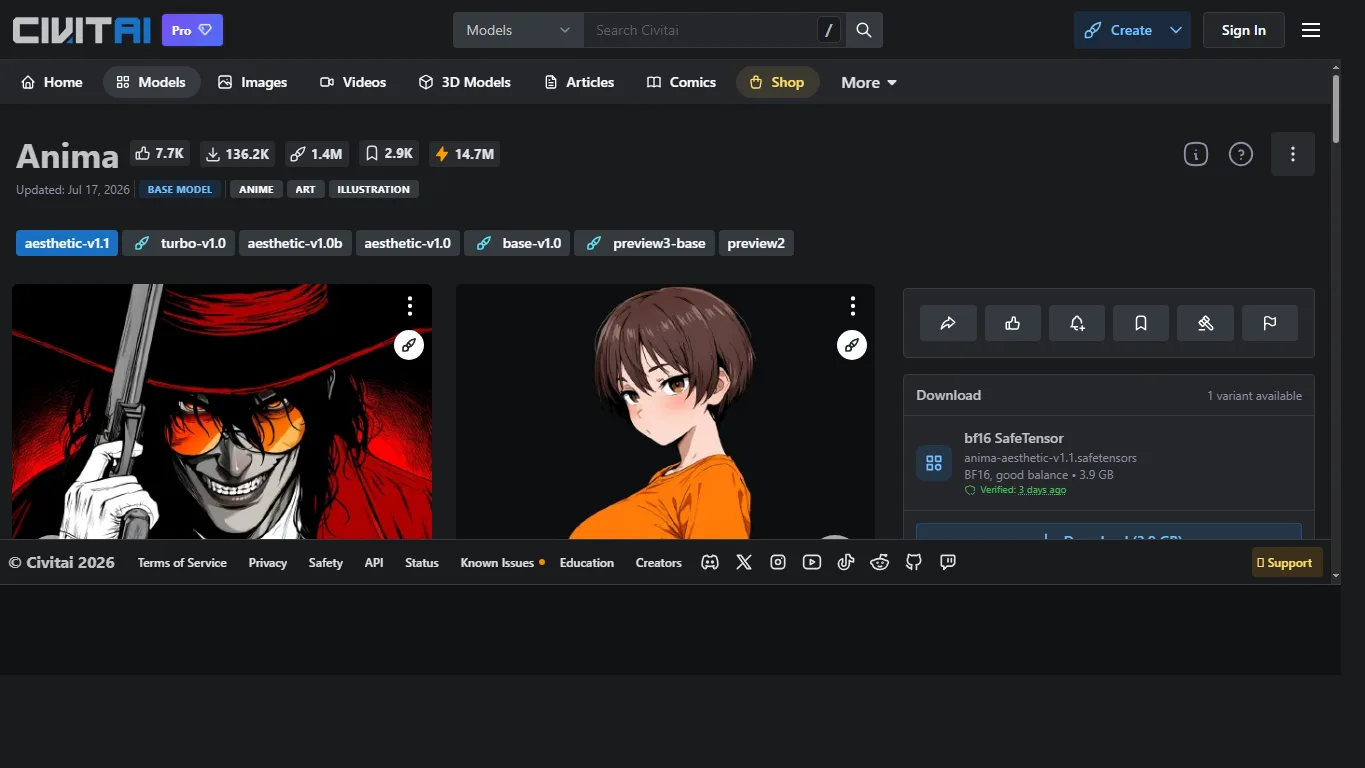 Civitai 上的 Anima 官方 checkpoint 頁面截圖