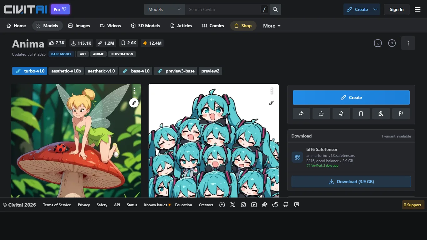 Civitaiに掲載されているAnima公式チェックポイントページ