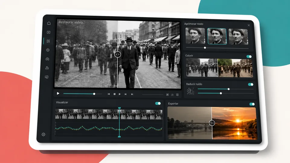 Interface do AVCLabs Video Enhancer AI em português restaurando filmagem antiga e rostos