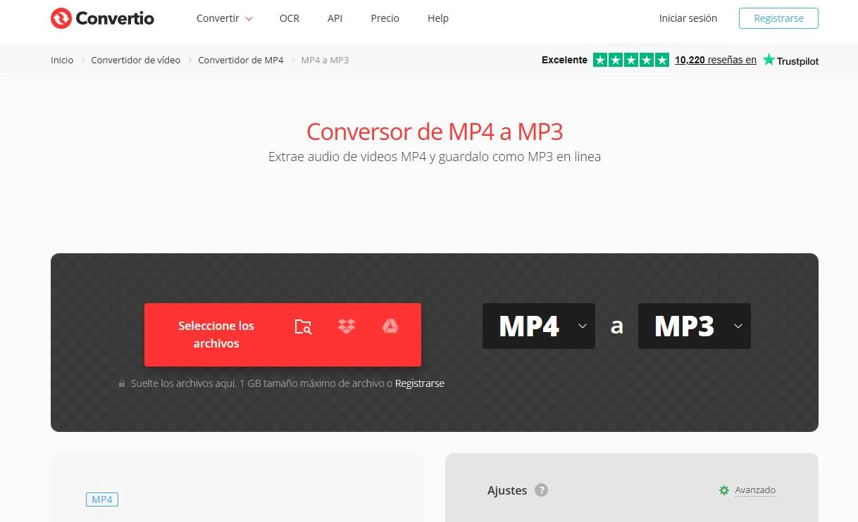Captura de Convertio MP4 a MP3 en español