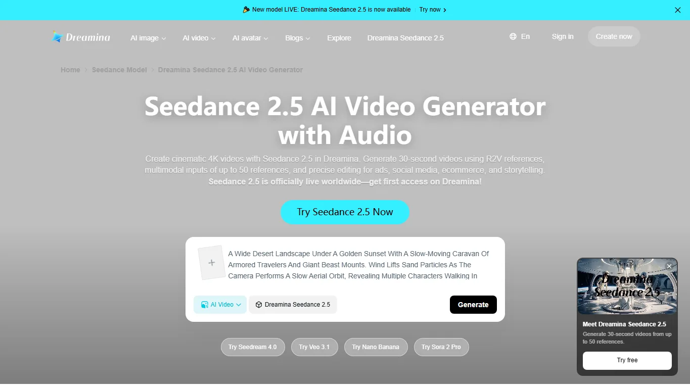 Dreamina Seedance 2.5 official page screenshot