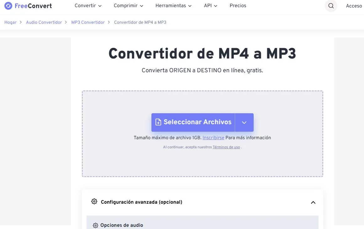 Captura de FreeConvert MP4 a MP3 en español