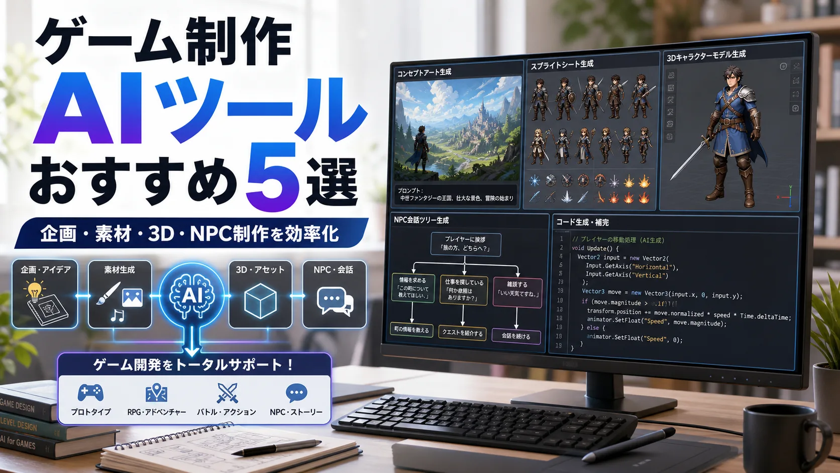 ゲーム制作AIツールおすすめ5選 企画 素材 3D NPC制作を効率化