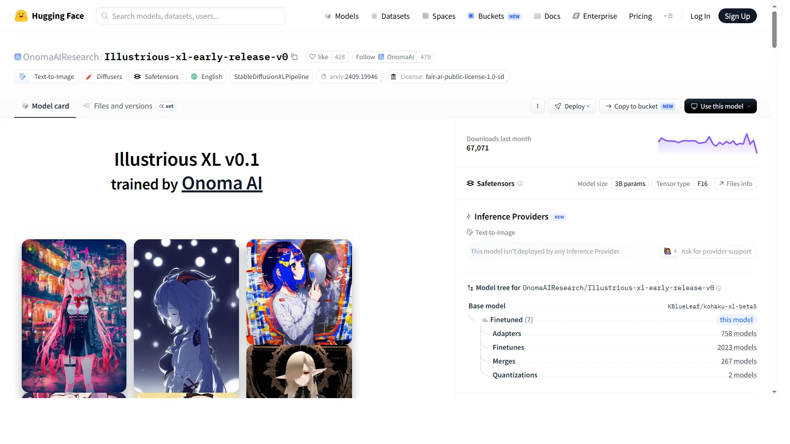 Hugging FaceにあるIllustrious XL early release v0.1のモデルカード