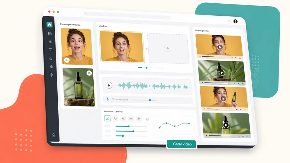Interface do Kling AI em português animando personagem e produto com áudio