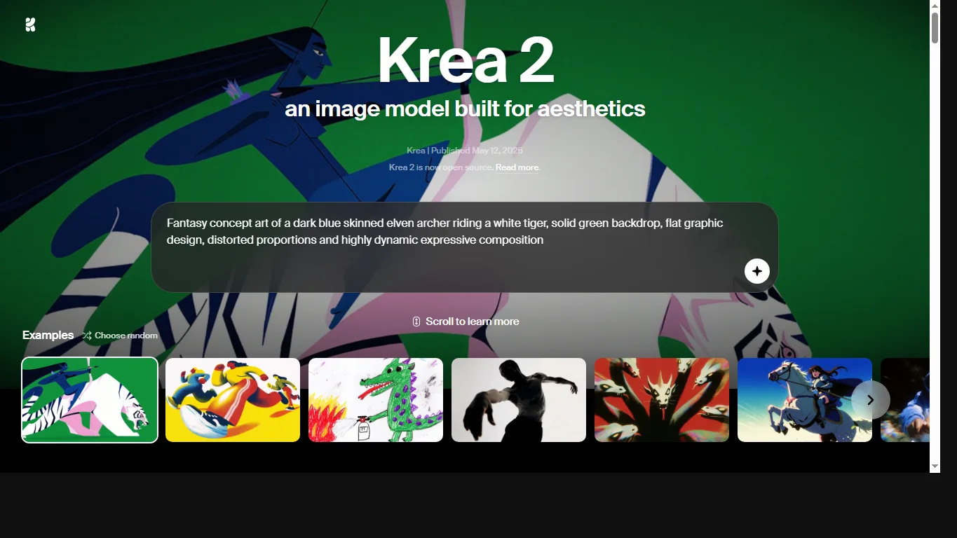 Página oficial de Krea 2 con ejemplos visuales y presentación del modelo