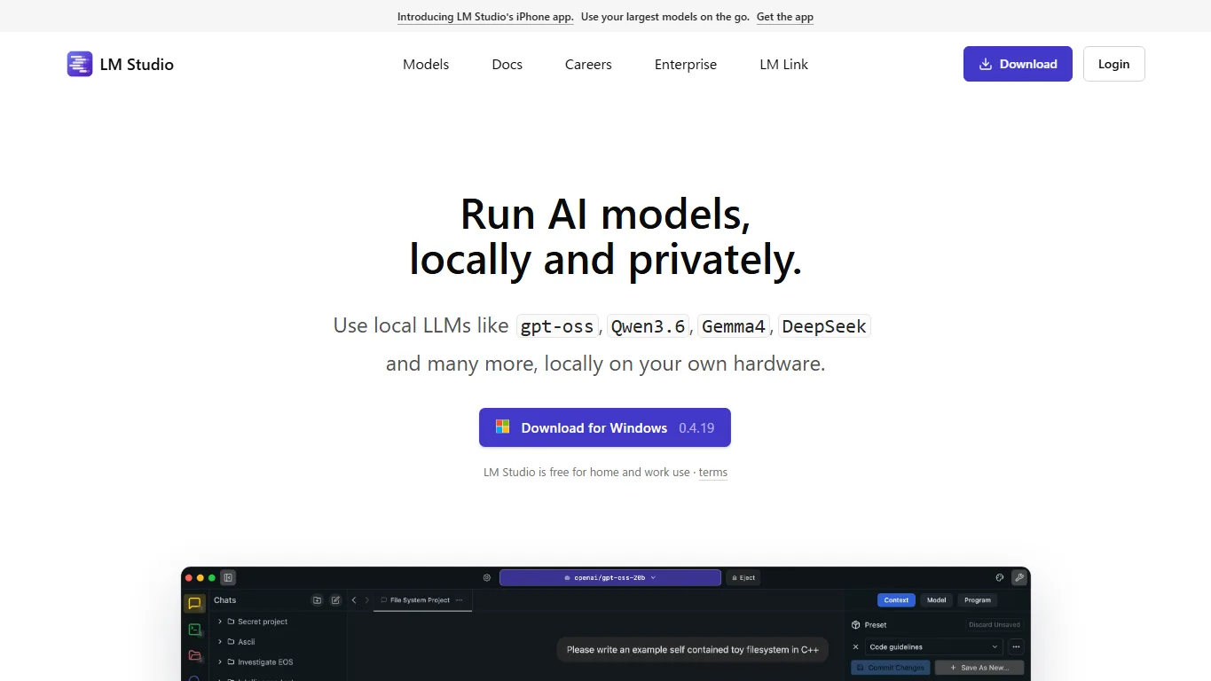 LM Studio公式サイトのスクリーンショット