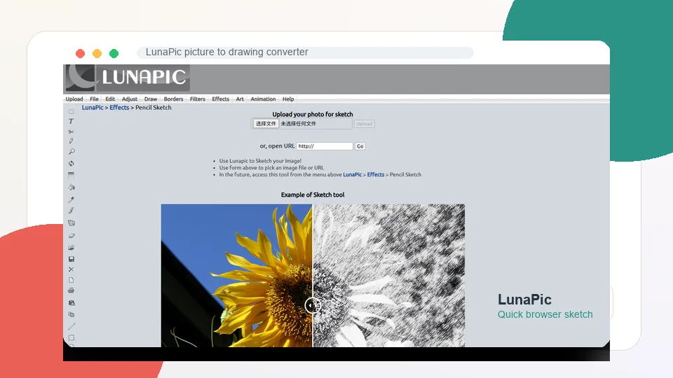 LunaPic picture to sketch tool interface