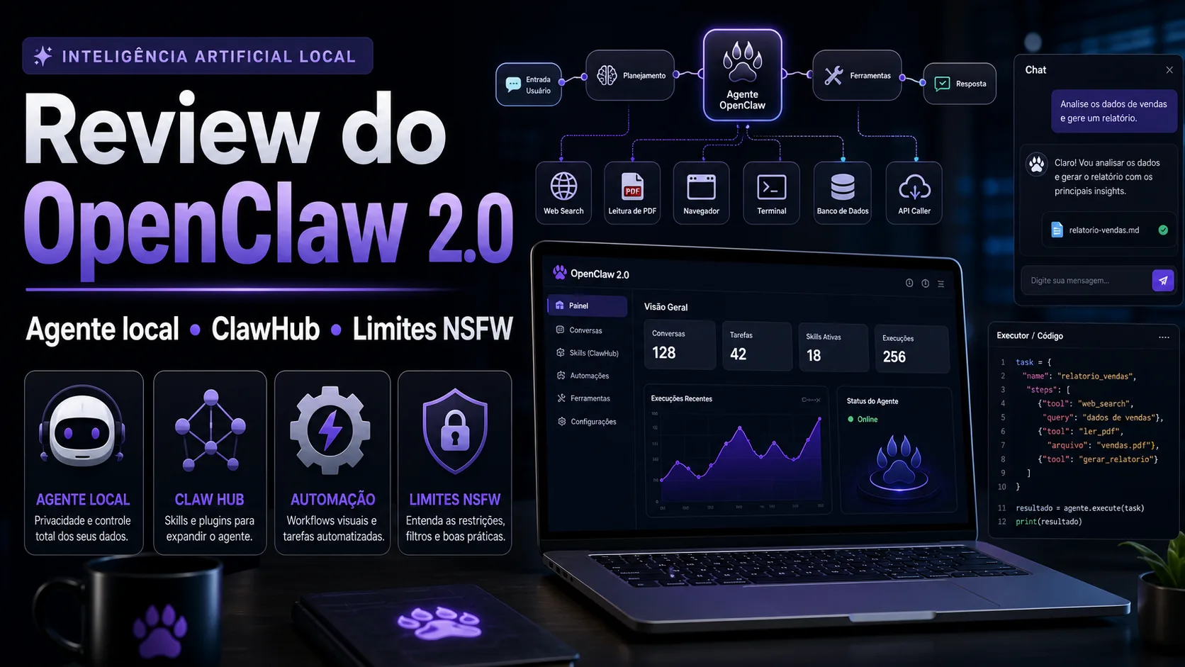 Capa do review do OpenClaw 2.0 com agente local, ClawHub e limites NSFW