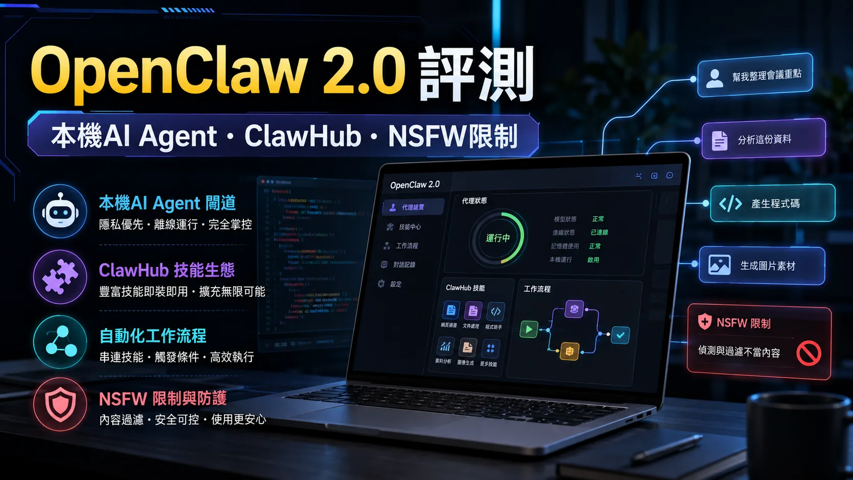 OpenClaw 2.0 評測封面，本機 AI Agent、ClawHub 與 NSFW 限制