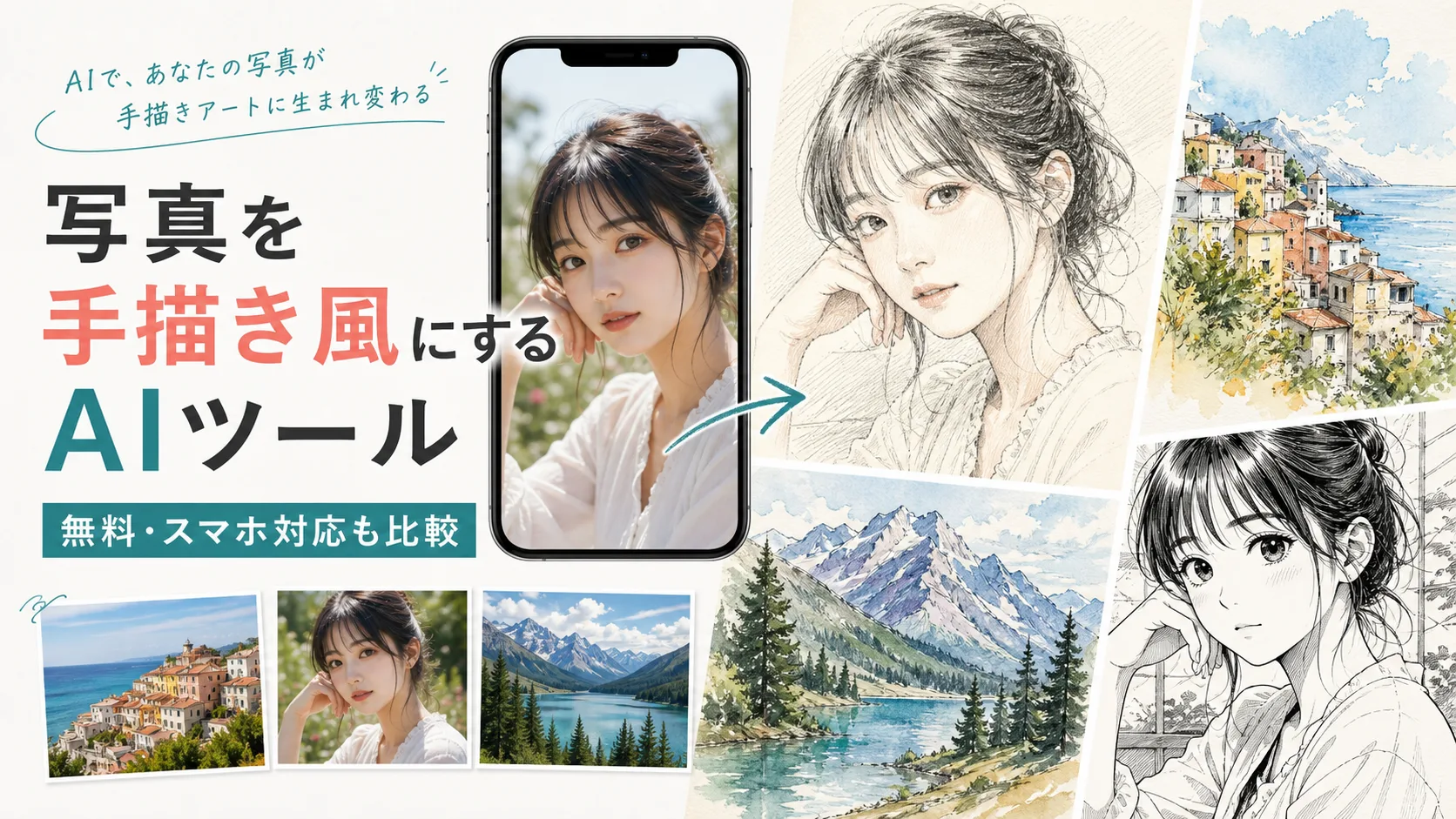 写真を手描き風にするAIツールの比較を示すアイキャッチ画像