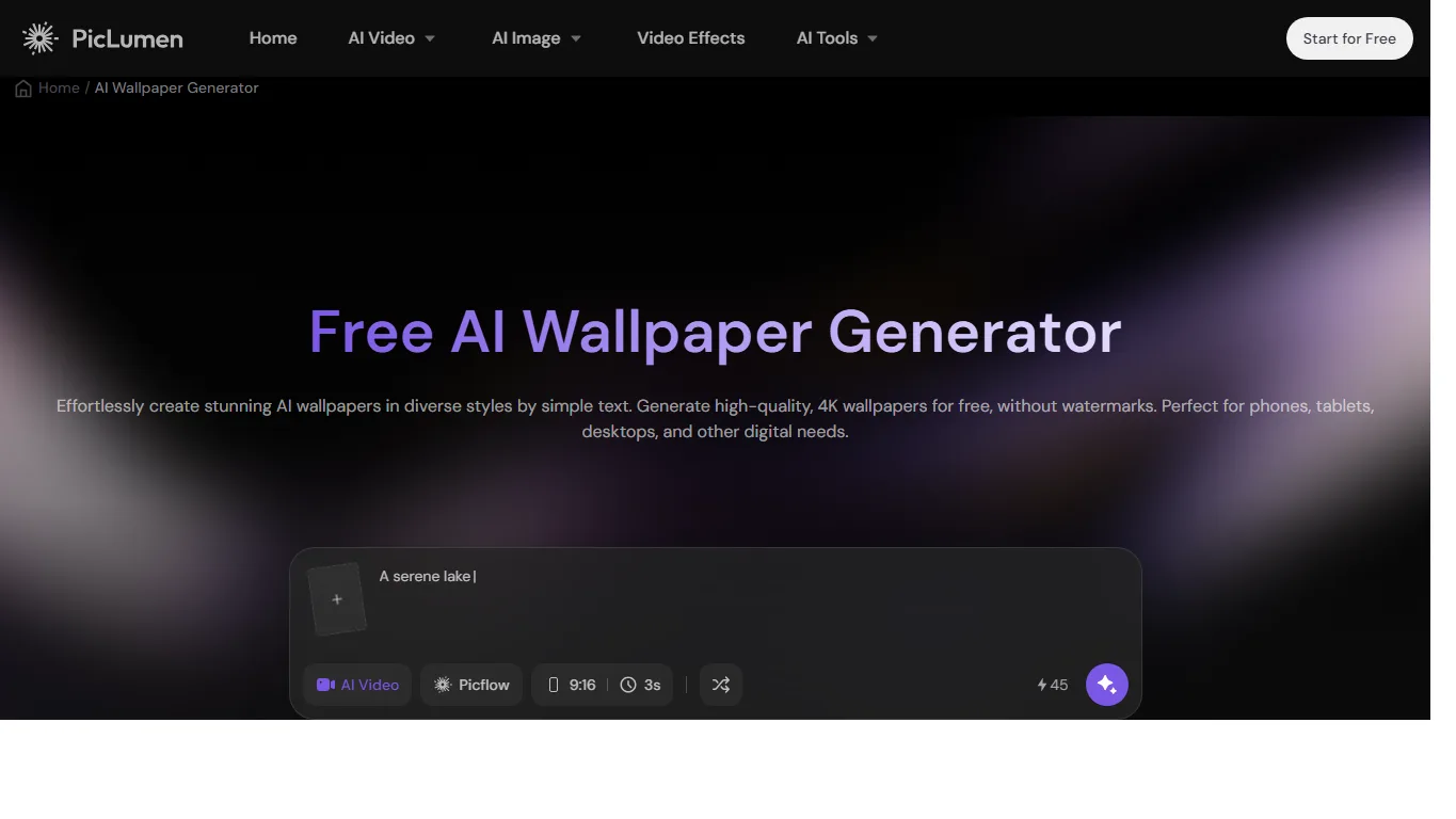PicLumen AI Wallpaper Generator公式ページのスクリーンショット