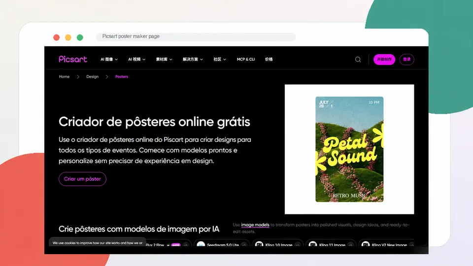 Página do criador de pôsteres do Picsart em português