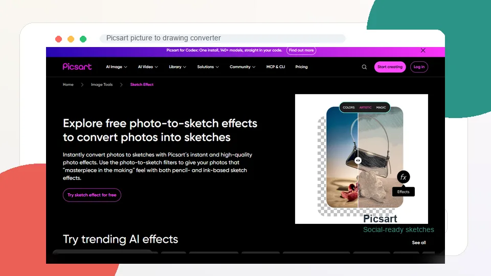 Picsart picture to sketch tool interface
