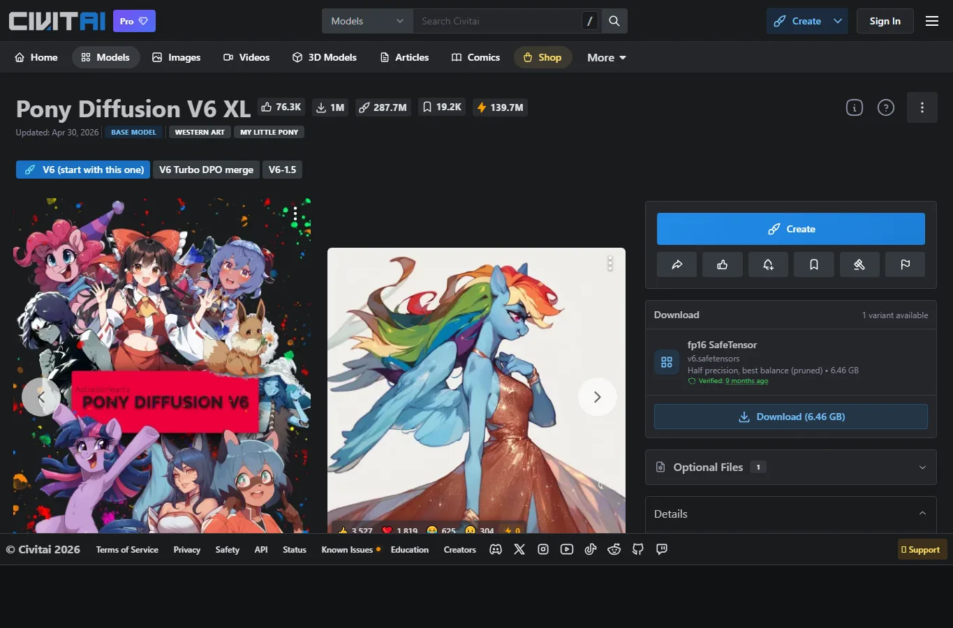 Civitai 上的 Pony Diffusion V6 XL 模型頁面