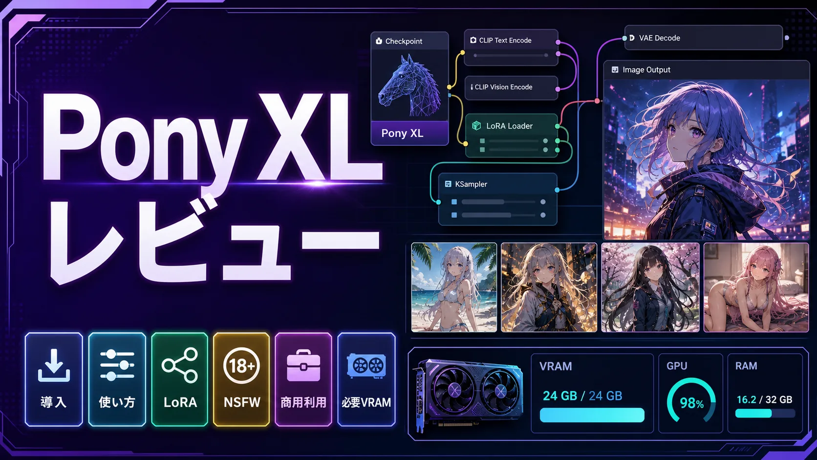Pony XLレビュー｜導入・使い方・LoRA・NSFW・商用利用・必要VRAM