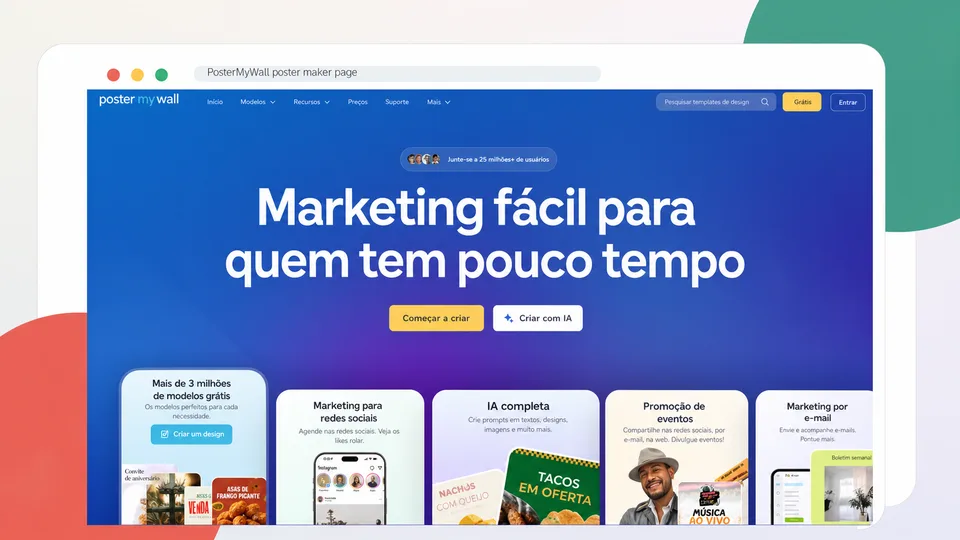 Página do PosterMyWall em português para marketing e pôsteres