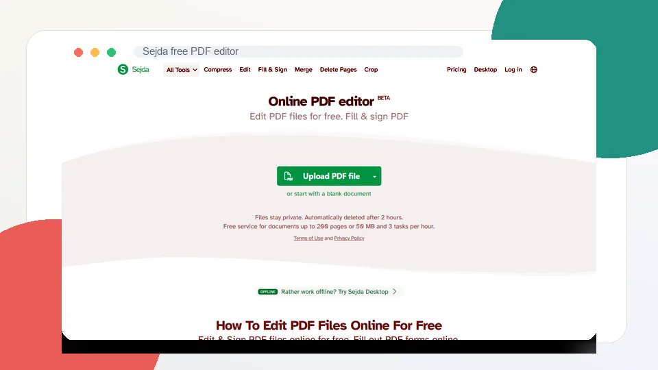 Sejda free PDF editor interface