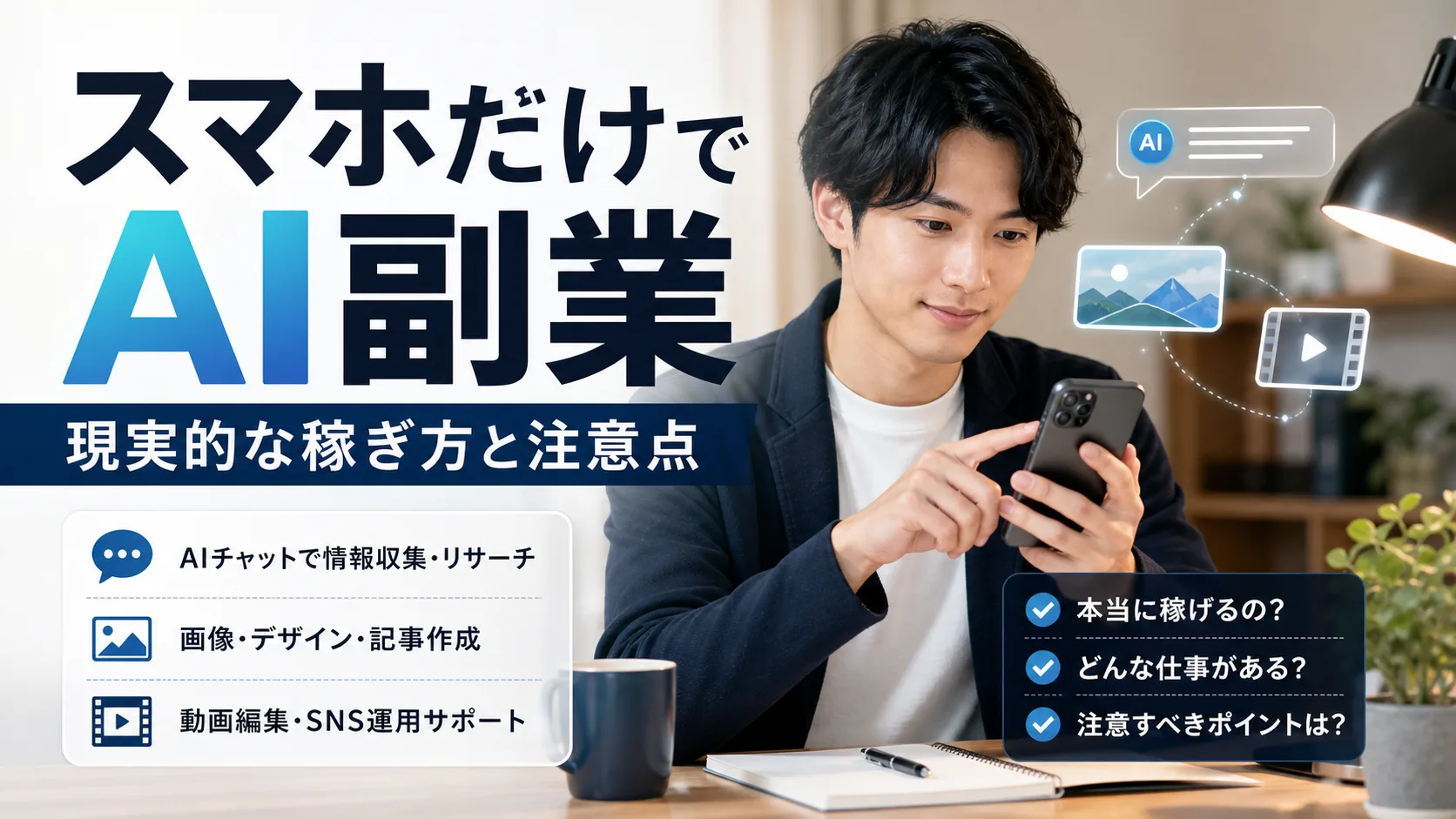 スマホだけでAI副業の現実的な稼ぎ方と注意点を示すアイキャッチ画像
