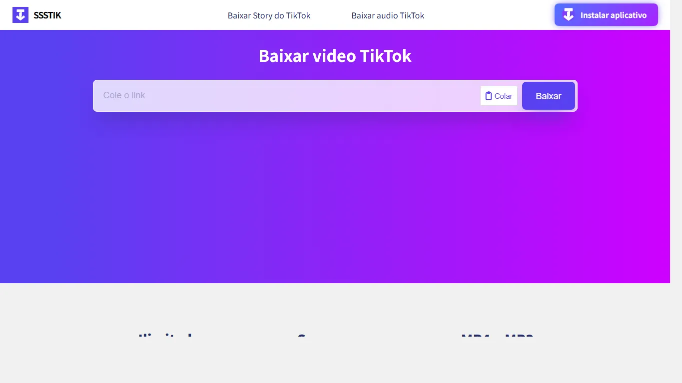 Página do ssstik.io em português para baixar vídeo do TikTok