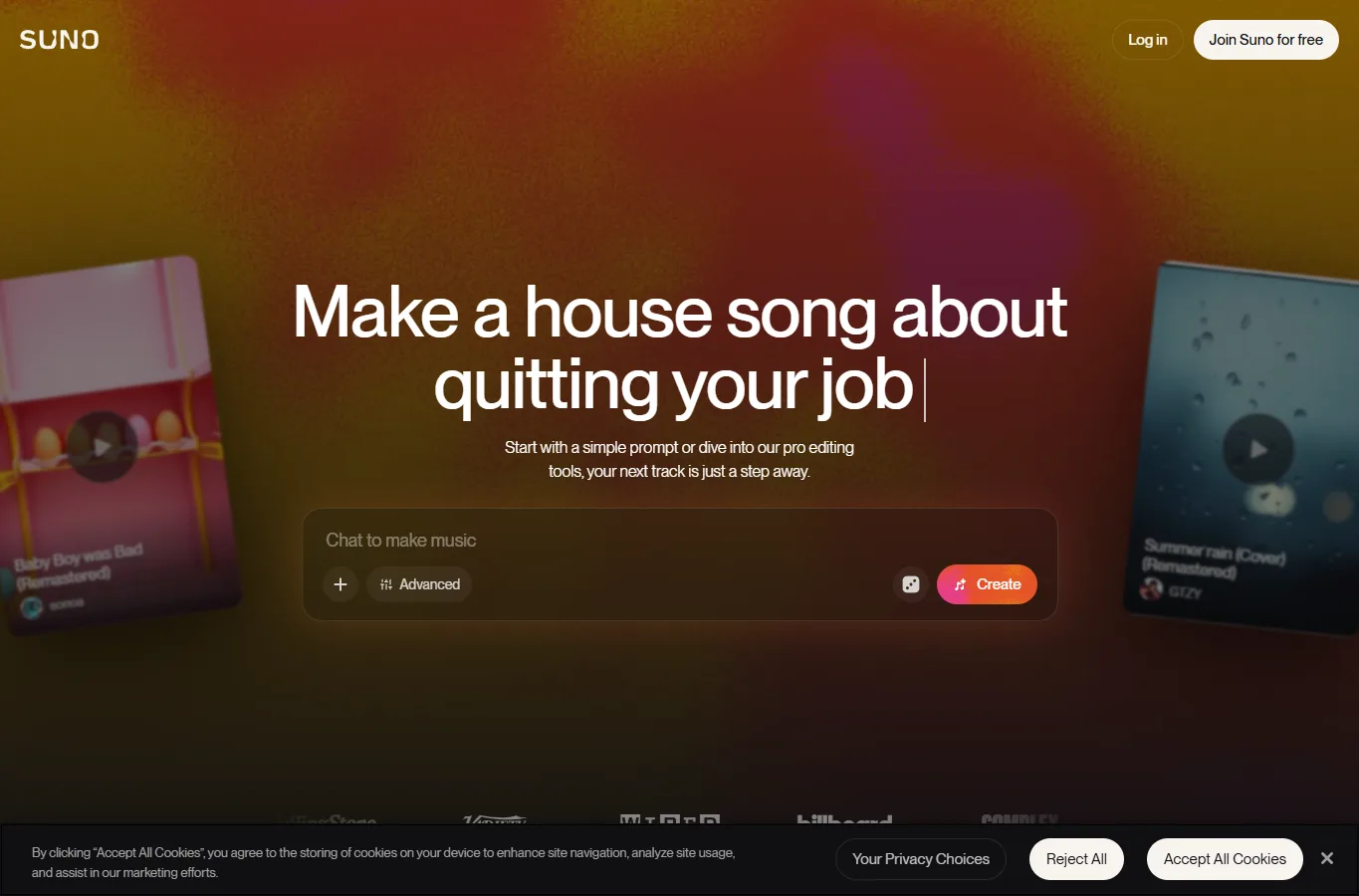 Suno公式サイトでAI音楽生成サービスの概要を表示している画面
