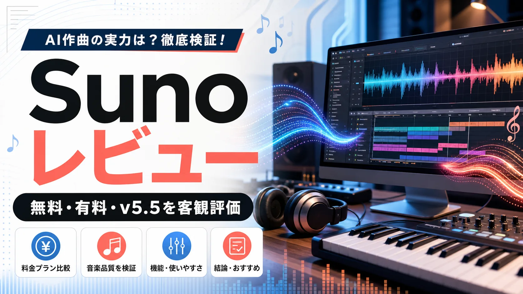 Sunoレビュー 無料 有料 v5.5を客観評価するAI音楽生成ツールのアイキャッチ画像