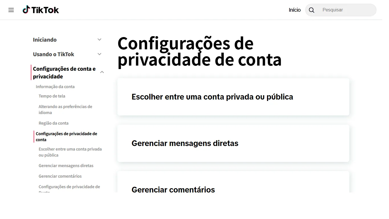 Página de suporte do TikTok em português sobre configurações de conta e privacidade
