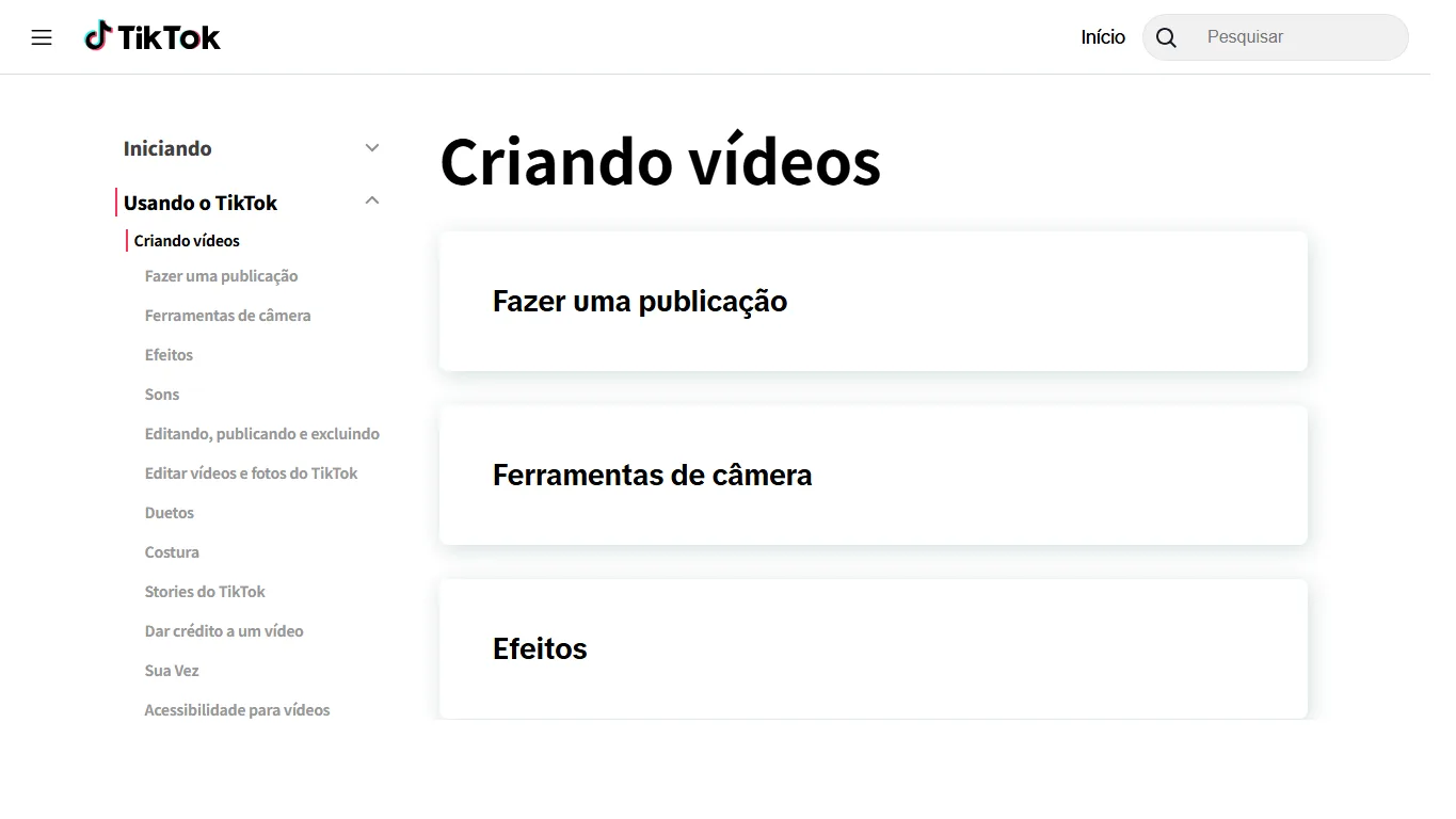 Página de suporte do TikTok em português sobre criação e salvamento de vídeos