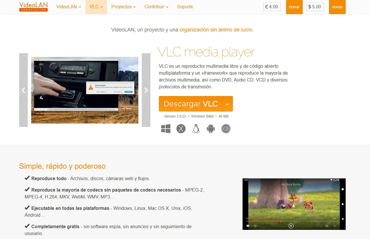 Captura de VLC media player en español