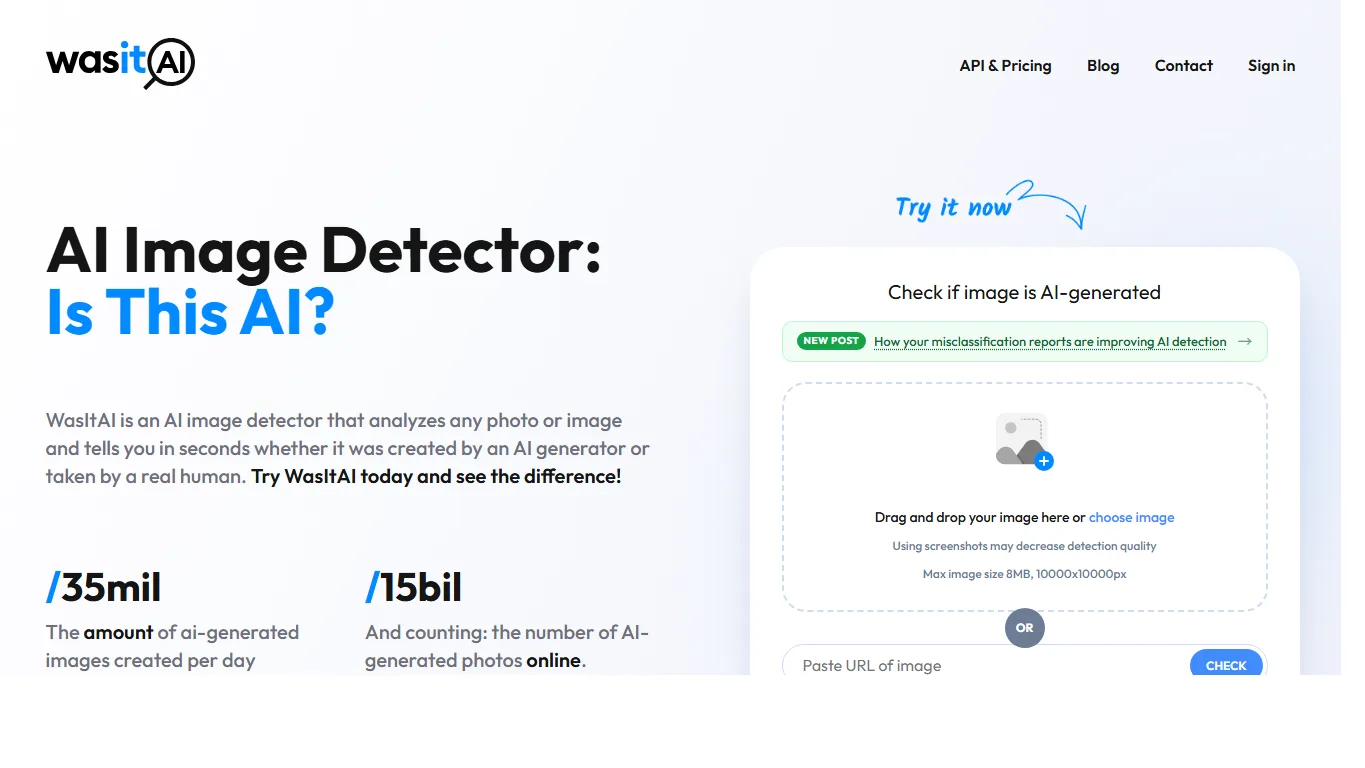 WasItAIのAI Image Detector画面