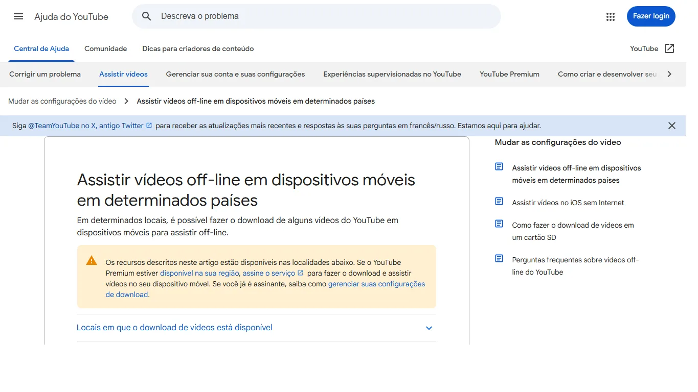Página da Ajuda do YouTube em português sobre assistir vídeos off-line