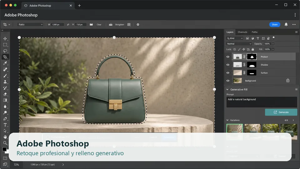 Adobe Photoshop con herramientas de edición de imágenes con IA