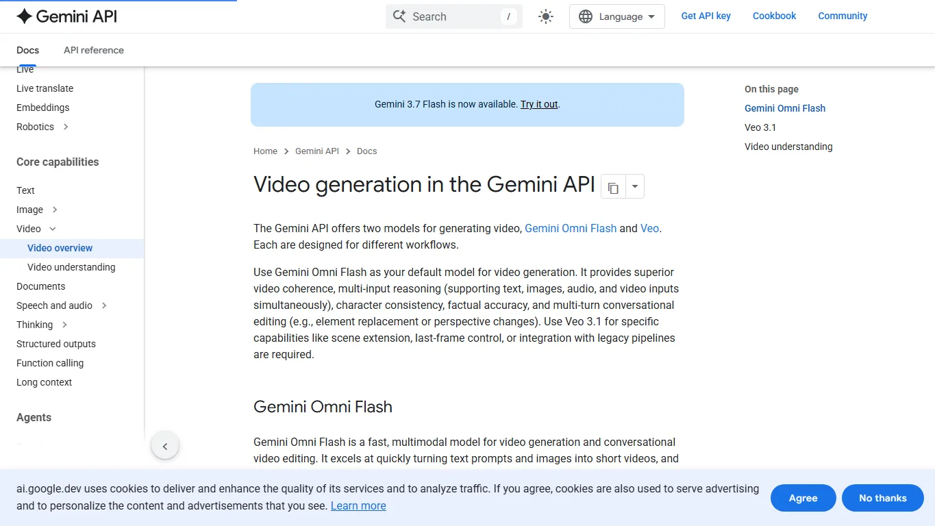 Gemini API video generation documentation screenshot