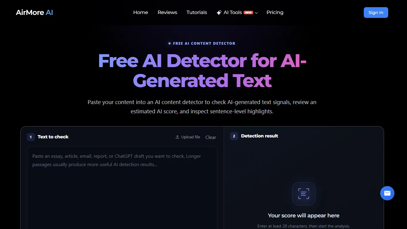 AirMore AI Detector tool page screenshot