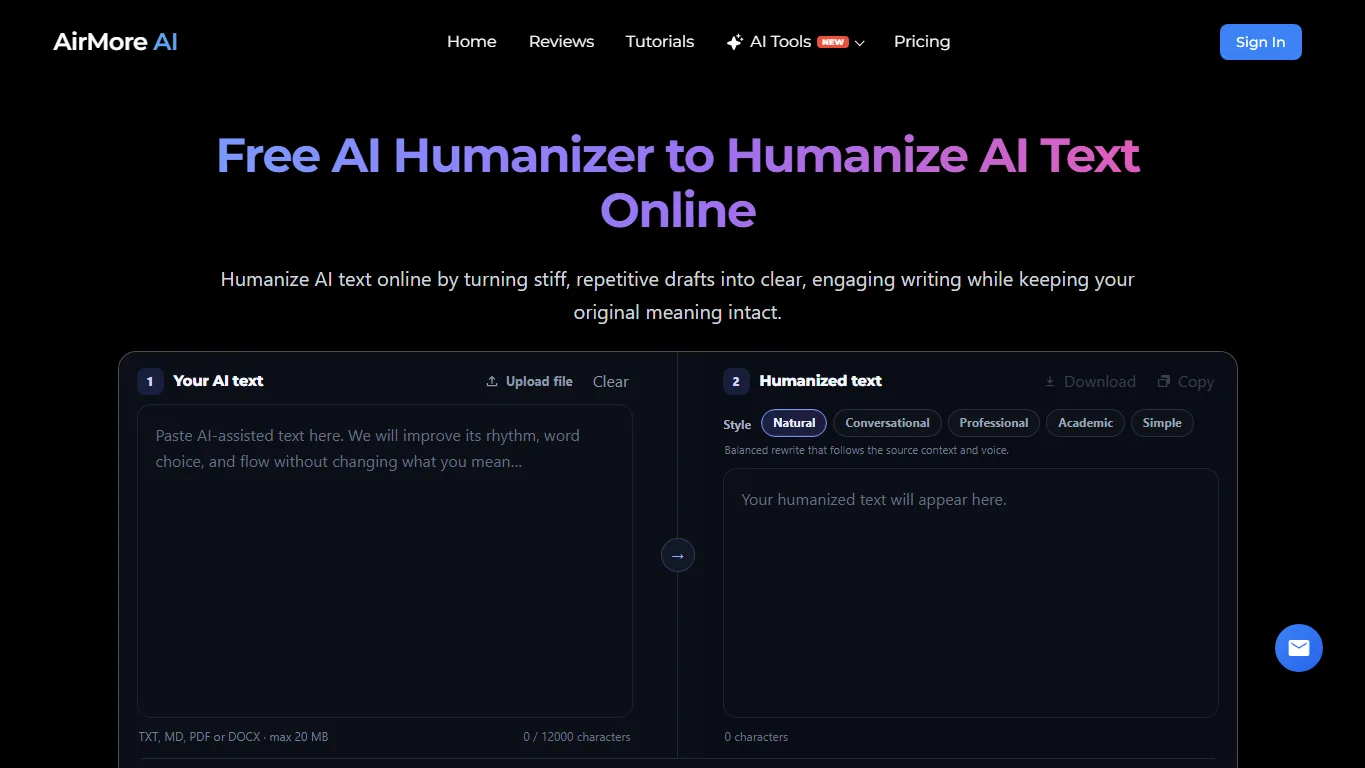 AirMore AI Humanizer tool page screenshot