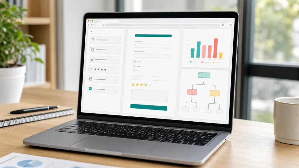 Realistic laptop workspace showing an online form builder