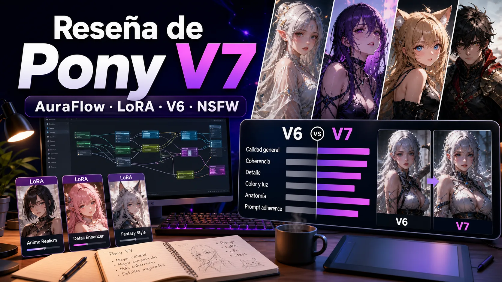 Reseña de Pony V7: AuraFlow, LoRA, comparación con V6 y NSFW cover image