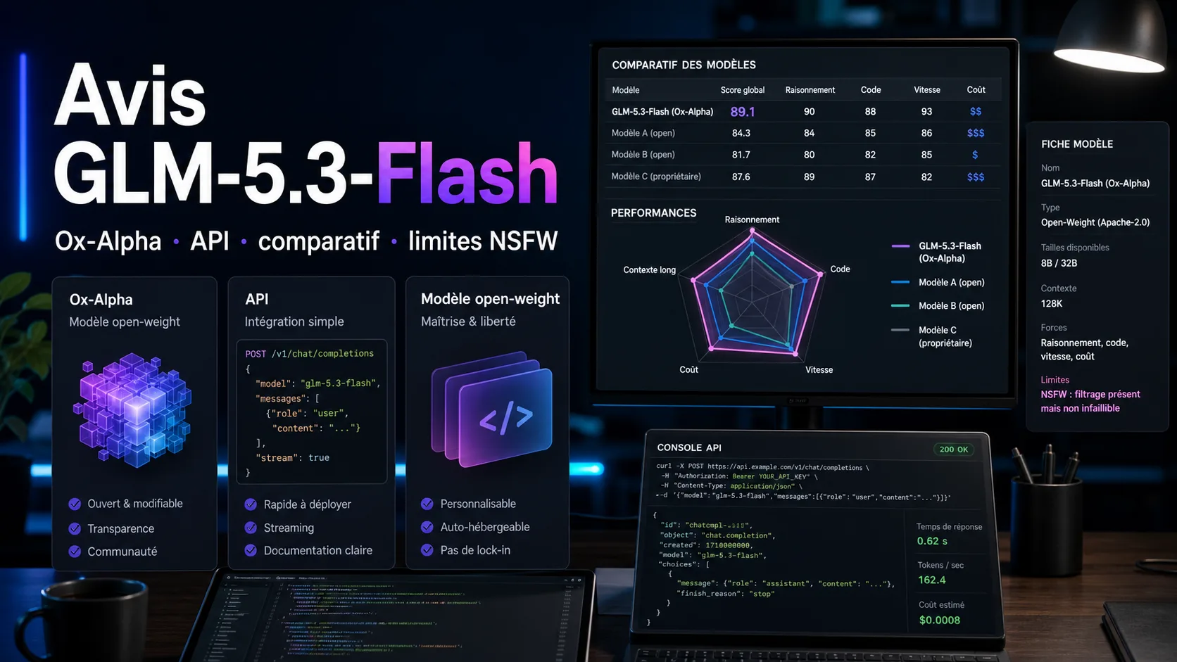 Avis GLM-5.3-Flash : Ox-Alpha, API, benchmarks et limites NSFW