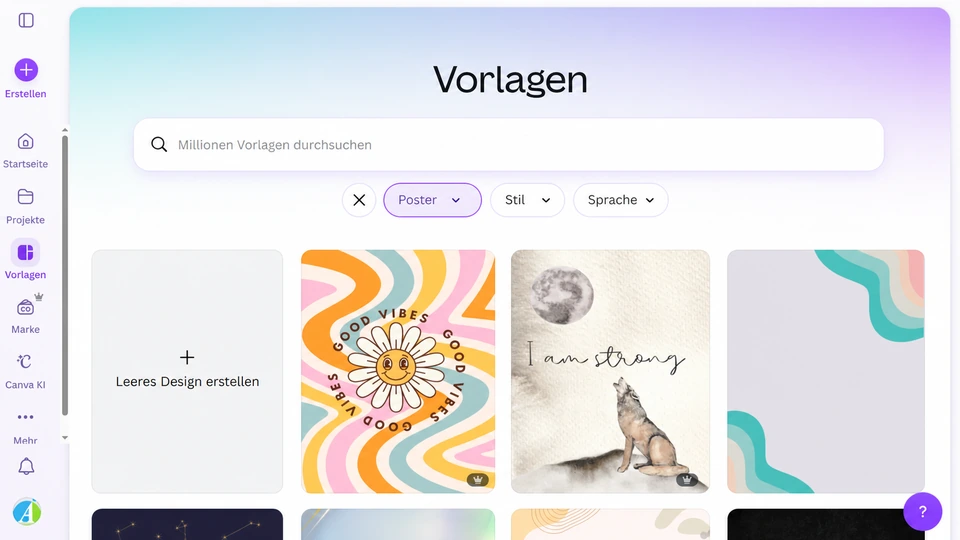 Canva mit deutscher Poster-Vorlagensuche