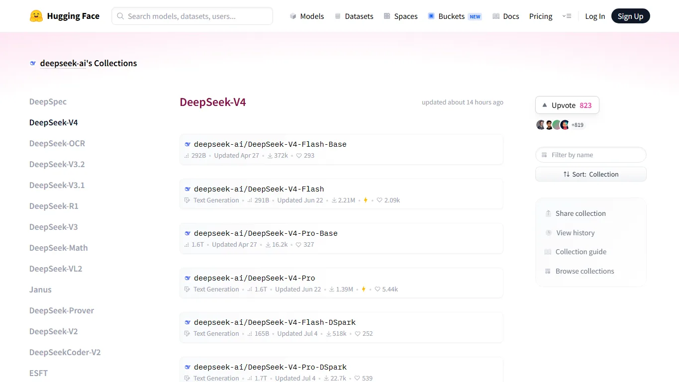 Hugging FaceのDeepSeek V4コレクションページ