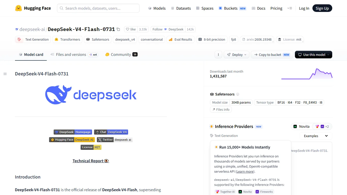 Hugging FaceのDeepSeek V4 Flash 0731モデルページ