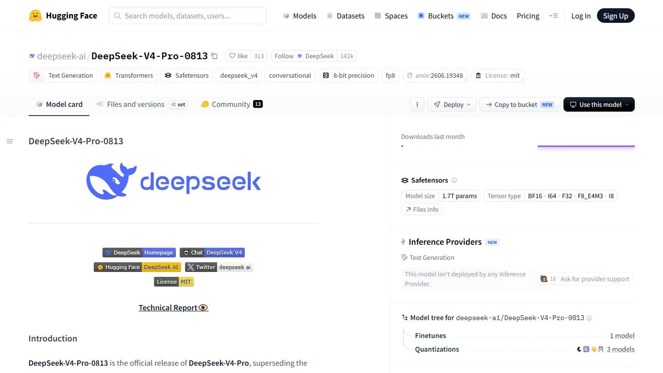 Hugging FaceのDeepSeek V4 Pro 0813モデルページ