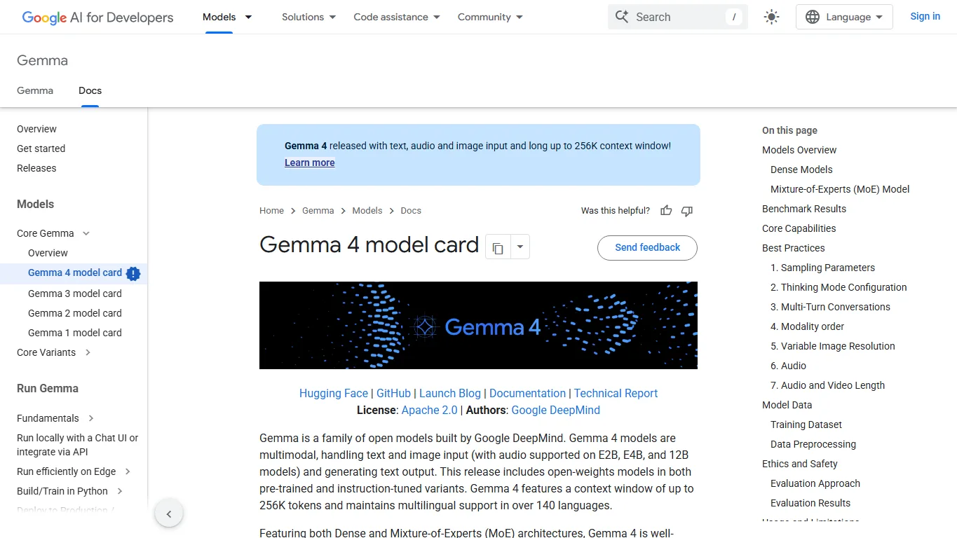 Google AI Developers Gemma 4 model card