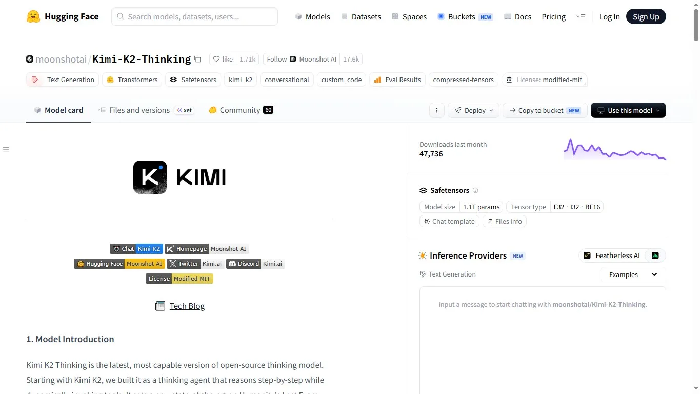 Kimi K2 Thinking Hugging Face page